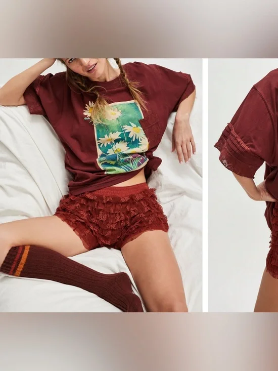 NWT Free People FP Intimately Full Bloom Lounge Tee - Brandy Brown Combo - small - Picture 2 of 9